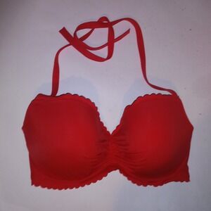 Victoria Secret Swim Bikini Top 36DD Red Solid Lightly Lined Halter Scallop Trim